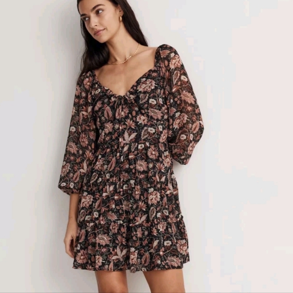 Madewell Amalia Tiered Mini Dress 4 Black Pampas Blooms NEW
